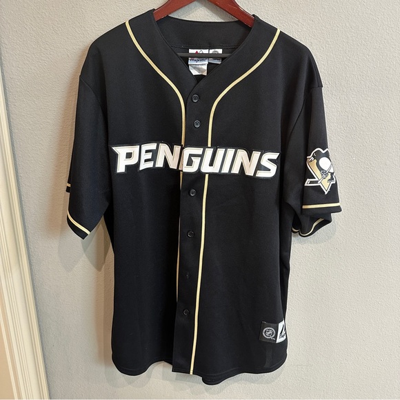 Majestic Other - Pittsburgh Penguins NHL Majestic Baseball Style Jersey XL Made USA Black Gold